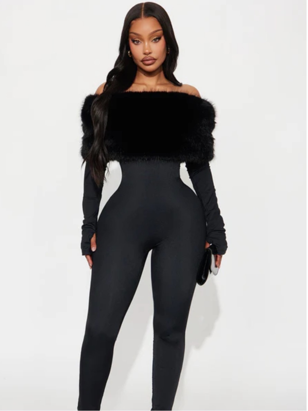 Black Off-Shoulder Faux Fur Trim Jumpsuit